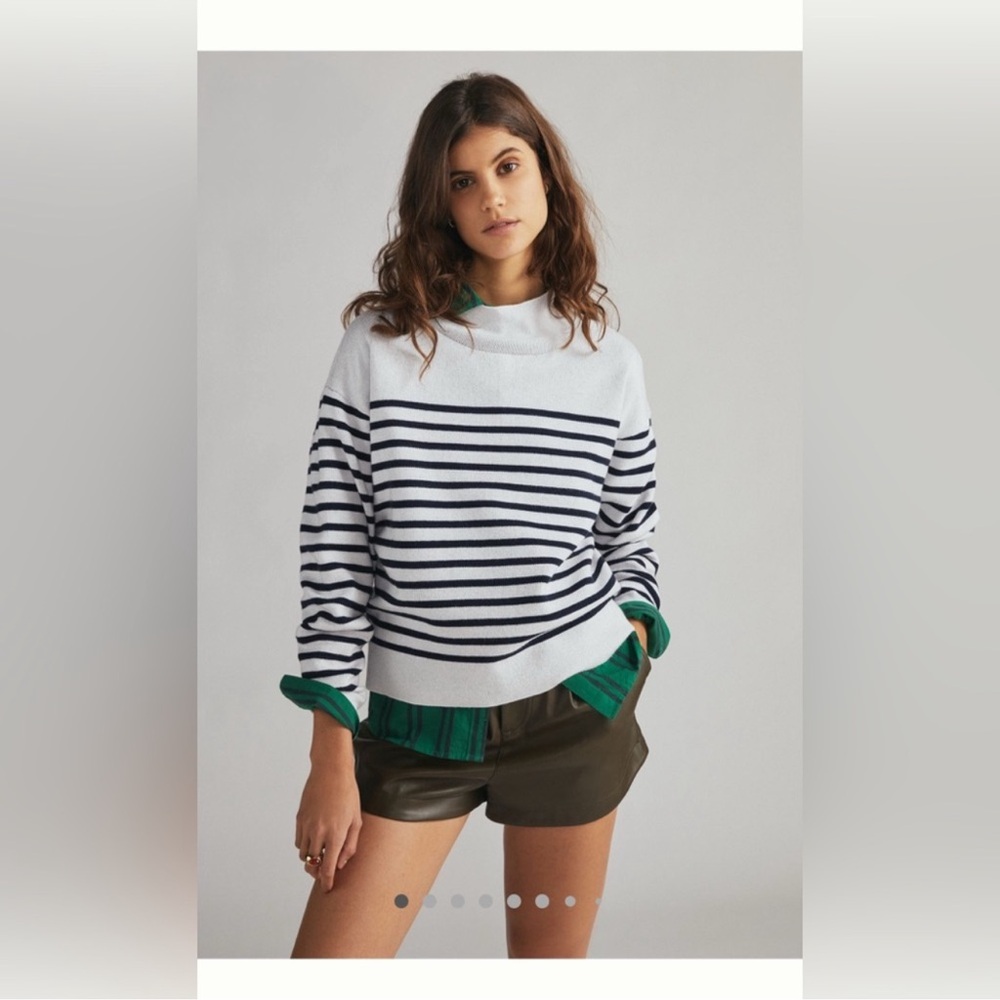 Maeve Cary Mock-Neck Sweater in light grey and navy stripe Size L